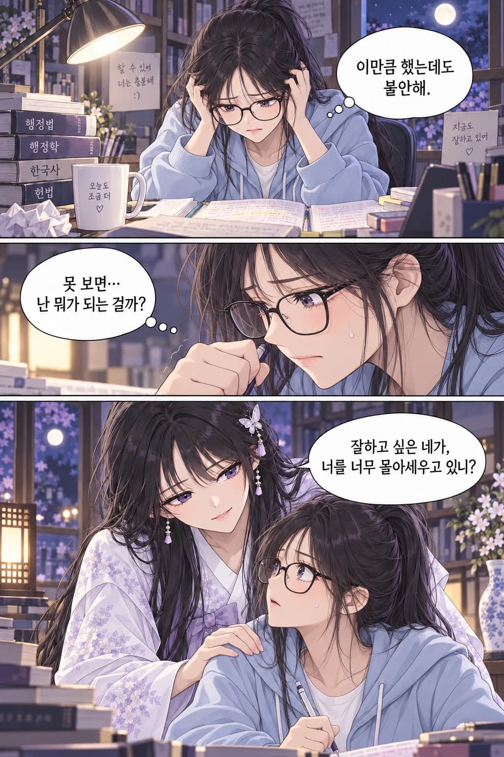 시험 전날 공부하다 불안해지는 안경과 파란 후드 차림의 수험생 여성. 이만큼 했는데도 불안해. 못 보면 난 뭐가 되는 걸까? 소몽: 잘하고 싶은 네가, 너를 너무 몰아세우고 있니?